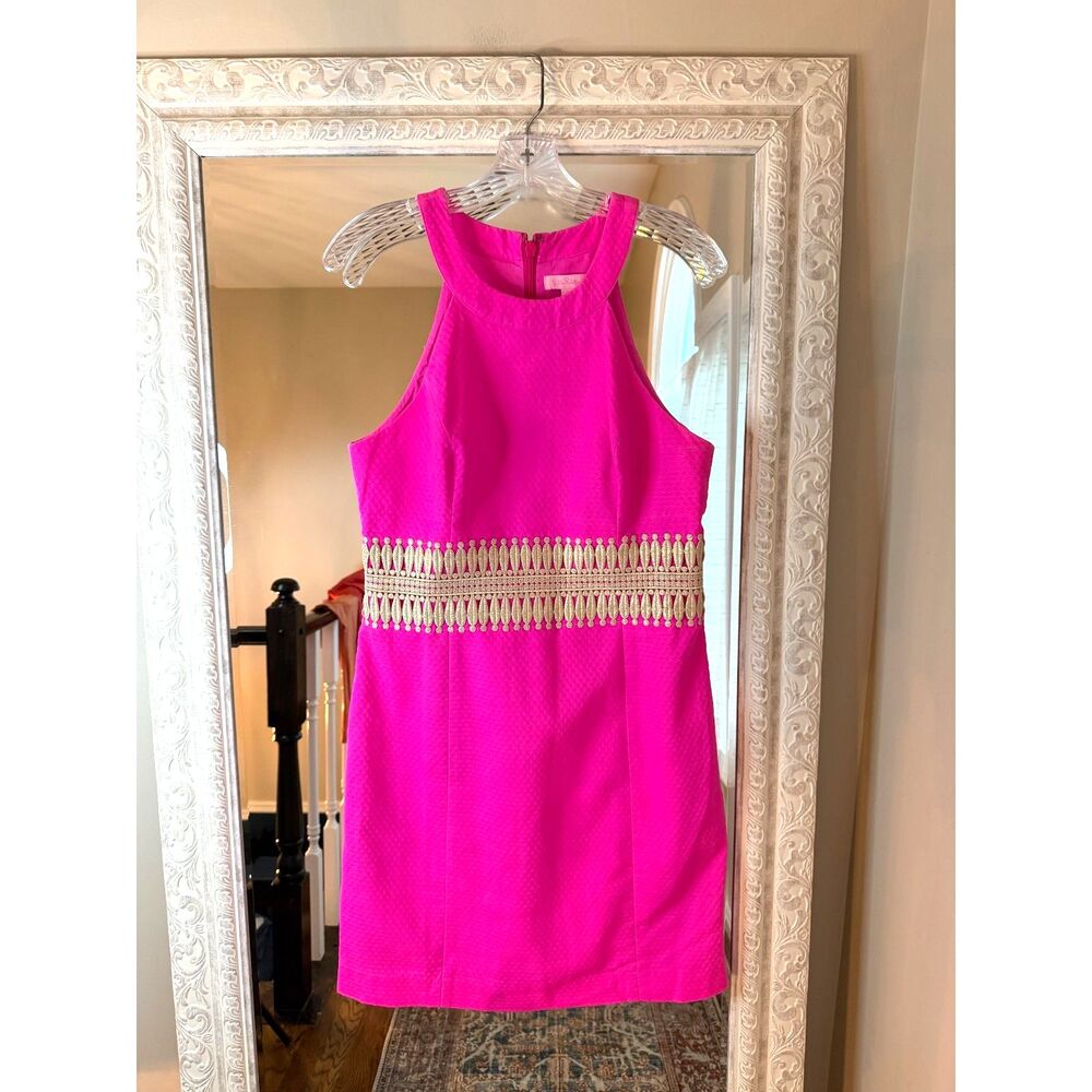 Barbiecore Lilly Pulitzer Pink Shift Dress Gold Trim, Preppy Resort - Picture 2 of 5